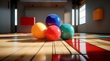 3d rendering of colorful balls on wooden floor in empty room.