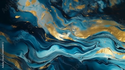Blue and gold liquid texture. Ink marble pattern. Fluid art.