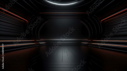 Futuristic tunnel corridor with glowing lights and reflections 3d rendering