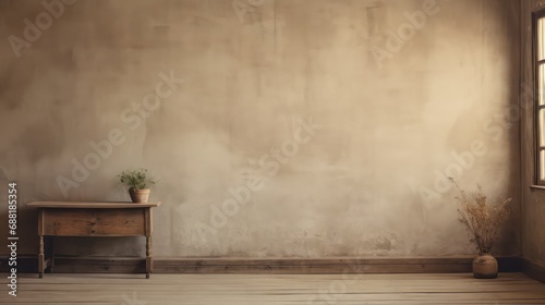 old vintage room, farmhouse interior, industrial style, big blank wall mockup, couch, chair, plants with beautiful shadows, Generative AI © ASA Creative