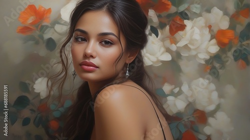Close-up portrait of a beautiful young Latin American Columbian woman beautiful skin and full lips  photo