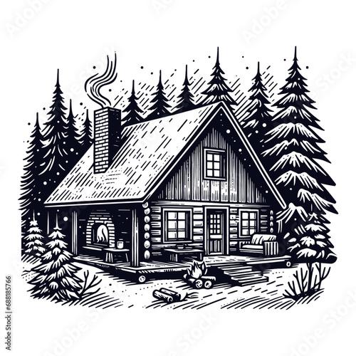 Cozy winter cabin in the woods sketch