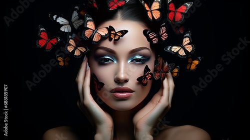Close-up portrait of a young girl with wet skin effect. Creative makeup, vibrant morph butterfly on model's face. realistic photo