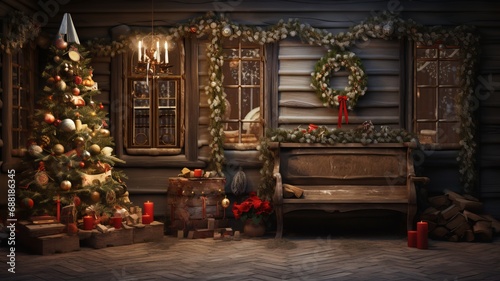 Feast of Christmas. Beautifully decorated house with a Christmas tree ipodarkami underneath © Shahla