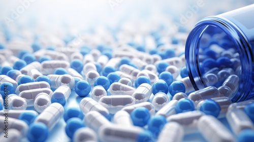 captivating blue and white capsule pills background, symbolizing health, recovery, and the pharmaceutical journey to well-being photo