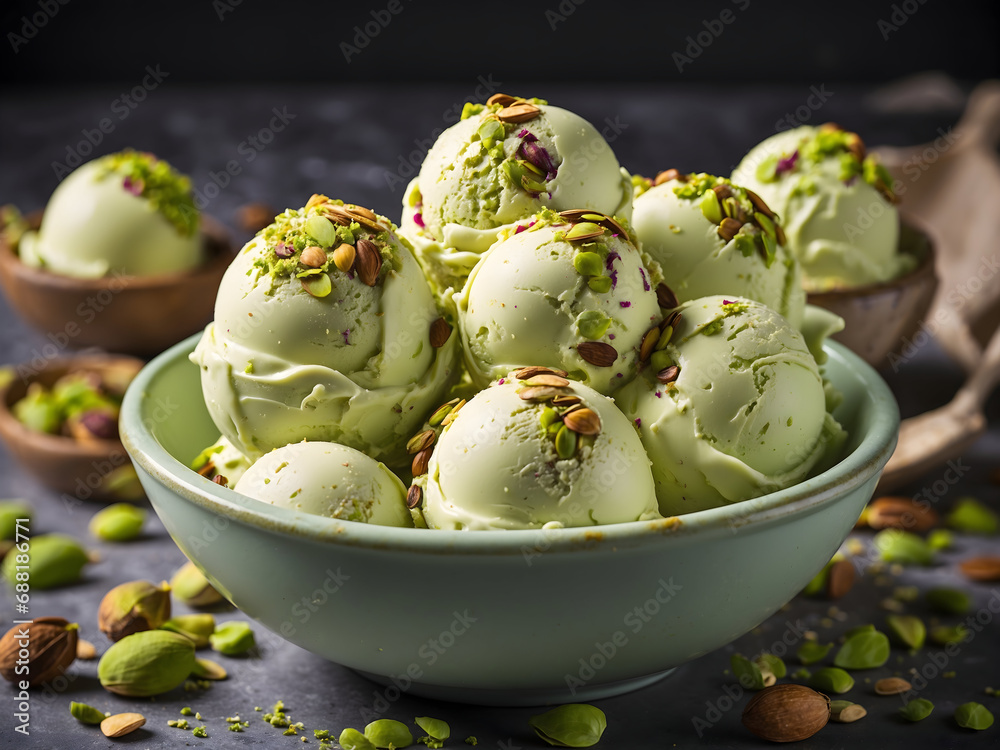 Pistachio ice cream scoops in a bowl Pistachio ice cream scoops in a bowl