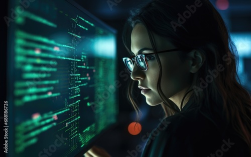 Woman programmer looking at lines of code on a screen