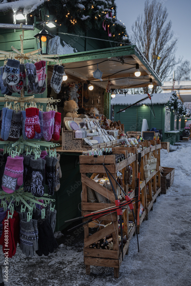 Kyiv, Ukraine. 04.12.2023: New Year's toys and socks are sold at the New Year's fair