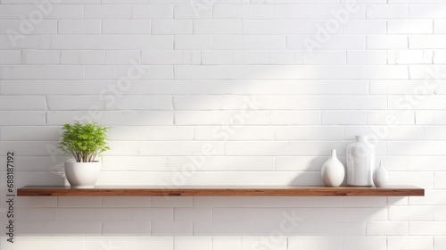 white wooden shelf gracefully mounted on a pristine white brick wall  offering a modern and chic touch to your interior design aspirations