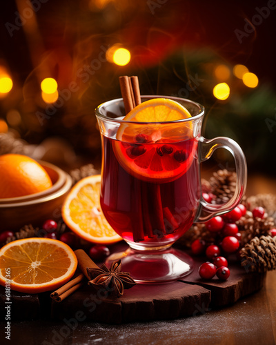Christmas mulled red wine with citrus, spices and cranberries on a festive table close up view. Delicious Christmas hot drink