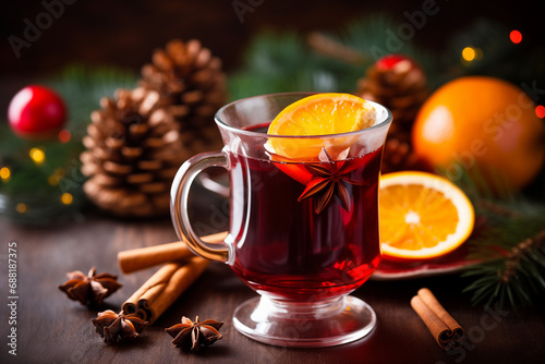 Glass mugs of mulled wine with spices and citrus fruits. Traditional hot drink or beverage, festive cocktail at X-mas or New Year