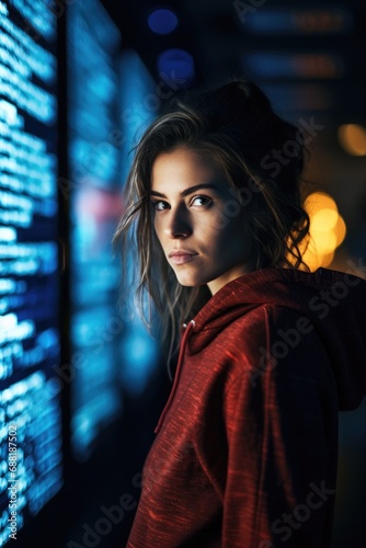 Woman programmer looking at lines of code on a screen