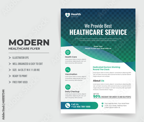 Healthcare and medical flyer or poster design layout template. Ready to print, editable text and shapes.