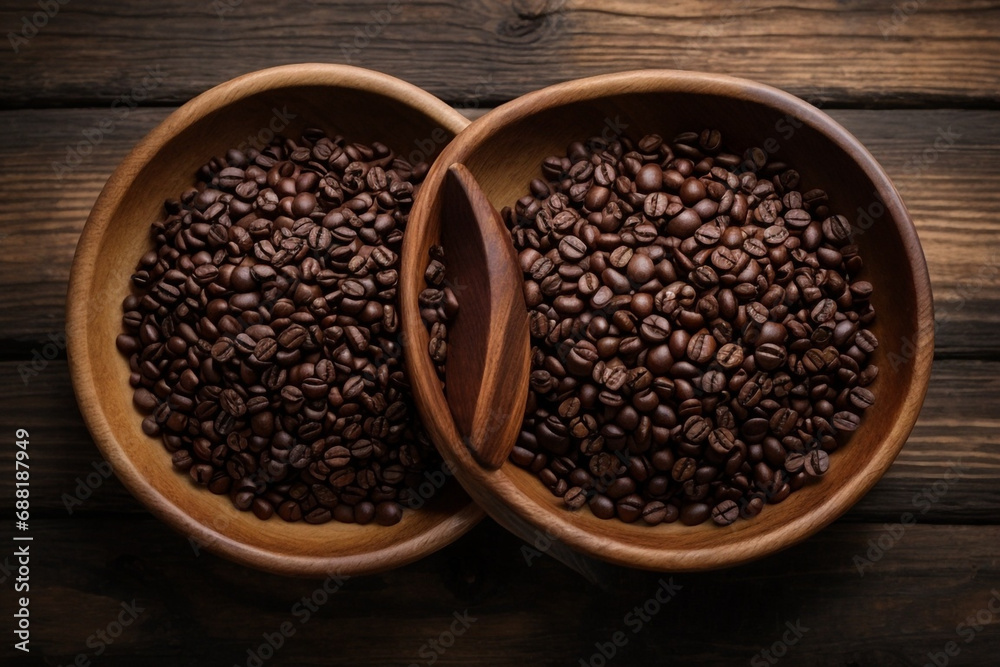 various bowls scattered on a wooden table full of roasted coffee seeds various bowls scattered on a wooden table full of roasted coffee seeds
