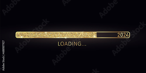 2024 New Year gold progress bar. Golden loading bar with glitter particles on black background for Christmas greeting card. Design template for holiday party invitation. Concept of festive banner