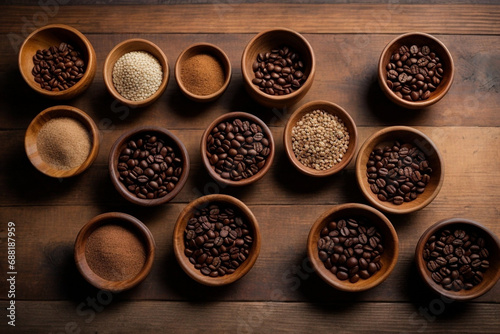 various bowls scattered on a wooden table full of roasted coffee seeds