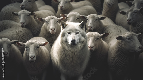 A wolf among the sheep. Concept of one who poses a threat, one who has infiltrated a group under the guise of righteousness. photo