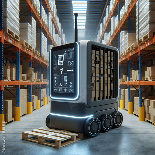 Delivery Robot Automated Guide Vehicle AGV Infographics Drone in Classic Automated Retail Warehouse with Stacked Pallets Cardboard Goods Boxes. Future Technology Concept Distribution Logistics Center