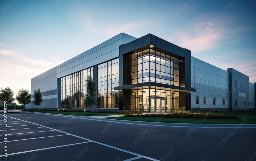Obraz premium Modern sleek warehouse and office building exterior architecture
