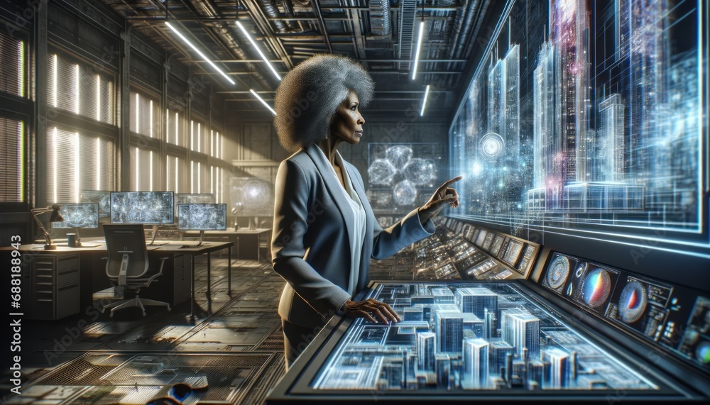 A female scientist working in a futuristic laboratory. Create and idea concept.