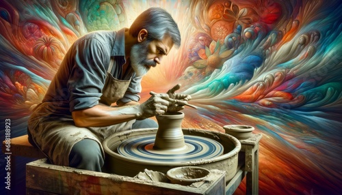 Potter working on a pottery wheel in front of colorful background Create and idea concept. photo