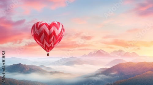 "Elevate romance! A beautiful red heart-shaped balloon soars against a pastel sky, framing misty mountains.
