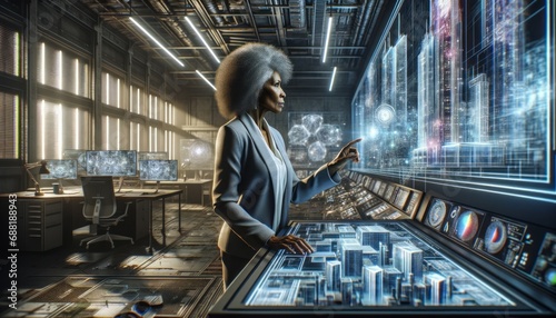 A female scientist working in a futuristic laboratory. Create and idea concept.