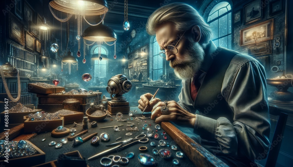 Jeweler working in his workshop. Jewelry making concept.