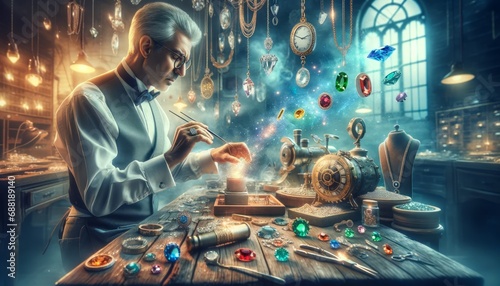 Jeweler working in his workshop. Jewelry making concept.