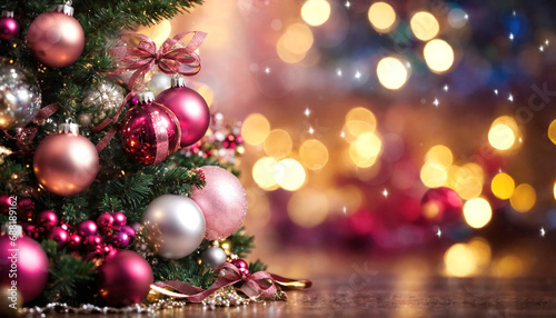 Beautiful Christmas tree with decorations on bokeh background, closeup