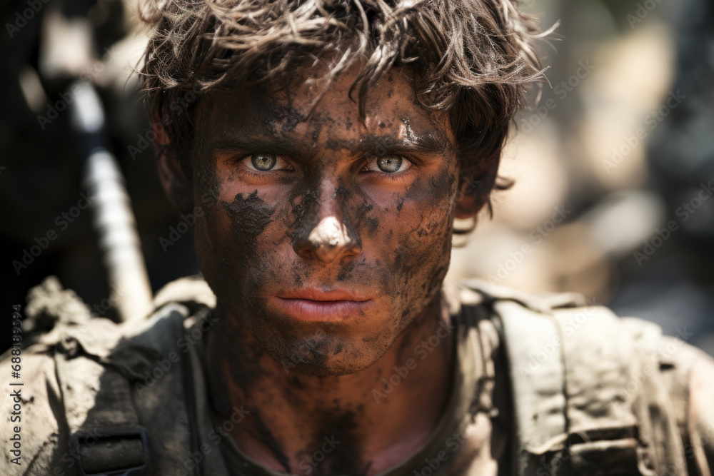 Muddy face of depressed soldier after battle, portrait of tired veteran close-up. Eyes of dirty army man during war. Concept of ptsd, post stress, military, israeli, israel, dirt Muddy face of depressed soldier after battle, portrait of tired veteran close-up. Eyes of dirty army man during war. Concept of ptsd, post stress, military, israeli, israel, dirt