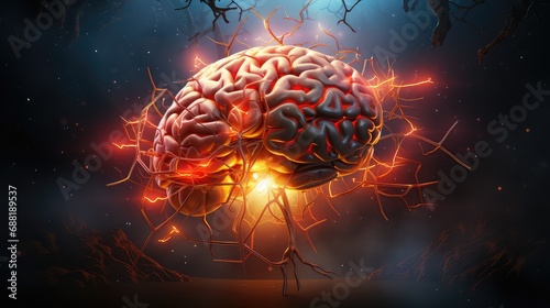 mózg i latające elektrony wokół niego, pokazuje jak myśli przenikaja przez mózg