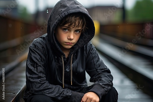 siedzący chłopiec na torach kolejowych w bluzie czarnej z kapturem, zbuntowany trochę smutny