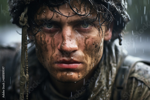 Face of soldier after battle in rain close-up, portrait of tired veteran in helmet. Eyes of dirty depressed army man during war. Concept of ptsd, post stress, military photo