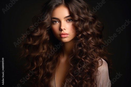 Beautiful young woman with long curly brown hair on black studio background. Face of girl model with stylish hairstyle  healthy skin. Concept of style  fashion  salon  portrait  sexy