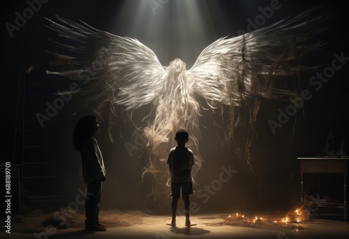 widok białego aniołe ze wielkimi skrzydłami nad młodym chłopcem