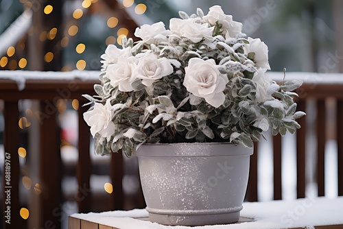 białe kwiaty w białej doniczce w zimowym klimacie
