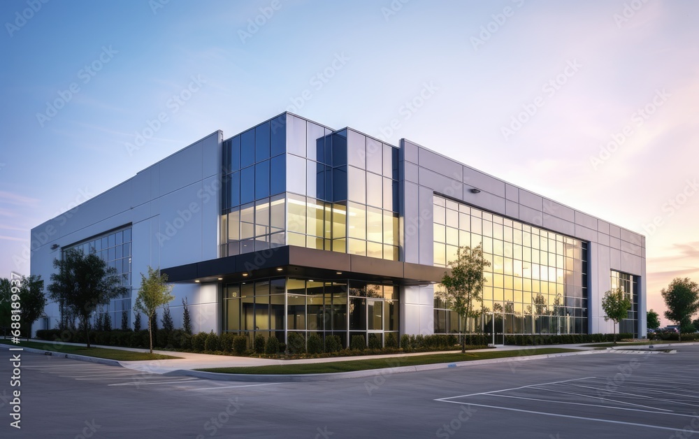 Modern sleek warehouse and office building exterior architecture