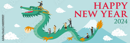 2024年度の辰とそれに乗る人々の年賀状_横長_HAPPY NEW YEAR
