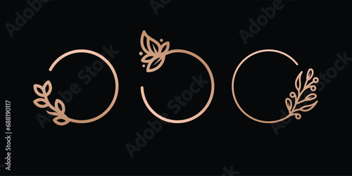 Set of circle Logos with gold leaves and flowers. Round frame with minimal linear style .Template for logo cosmetics, Beauty studio, hairdresser, handmade, jewelry, etc
