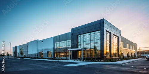 Modern sleek warehouse and office building exterior architecture