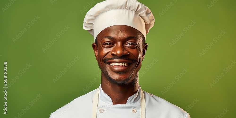 Czarnoskóry szef kuchni - kucharz w czapce cheff'a i fartuchu.  - obrazy, fototapety, plakaty 