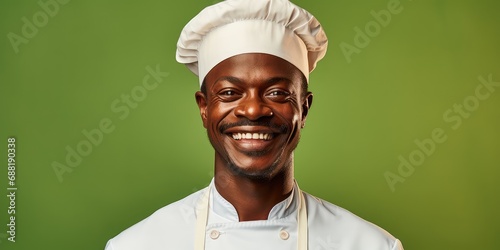 Czarnoskóry szef kuchni - kucharz w czapce cheff'a i fartuchu. 