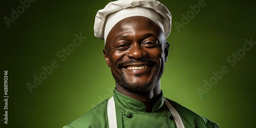 Czarnoskóry szef kuchni - kucharz w czapce cheff'a i fartuchu. 