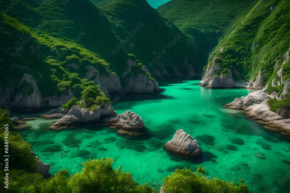 A serene island cove with emerald waters surrounded by cliffs