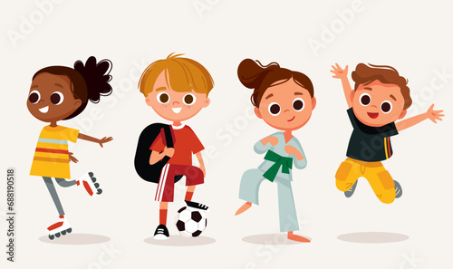 Set, group of 4 four happy children, kids in different poses, dressed in casual outfit clothes. Boys and girls with sport equipment. Dancing, jumping boy, girl,creative kids. Preschoolers teenagers. © olgache