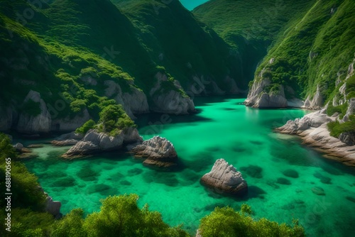 A serene island cove with emerald waters surrounded by cliffs