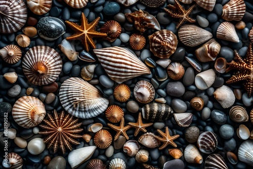 Intricate patterns of seashells and pebbles on the shore