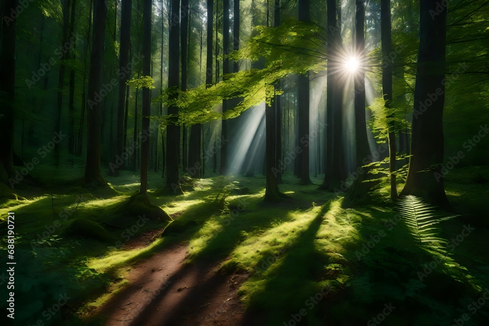 Fototapeta premium A tranquil forest glade with dappled sunlight filtering through the trees