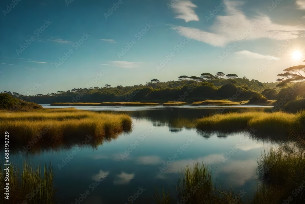 A serene island estuary with calm waters bordered by pristine wetlands